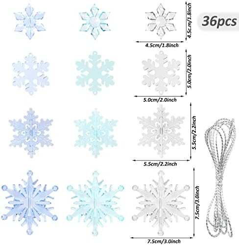 Whaline 36pcs Inverno Ornamentos de floco de neve de inverno Acrílico natais de neve gradiente azul branco flocos de