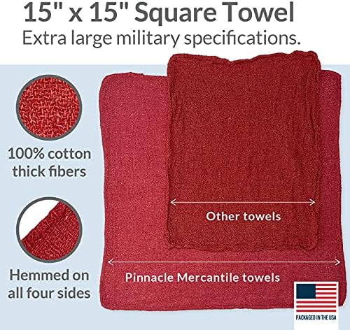 Pinnacle Mercantile 50 Pack 15 ”x 15” Toalha vermelha toalha Extra grande especificação militar, toalha de limpeza de algodão premium para óleo, fluidos e derramamentos em lojas de mecânica e garagem, lavável, embalado nos EUA