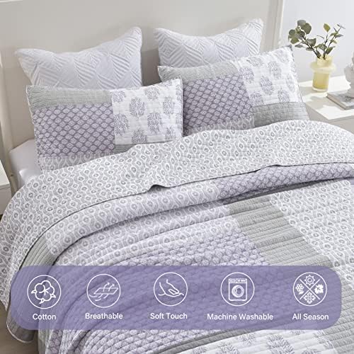 Finlonte Quilt King, King Size Cotton Quilt Conjunto, colchas florais da patchwork para a cama king size, cinza