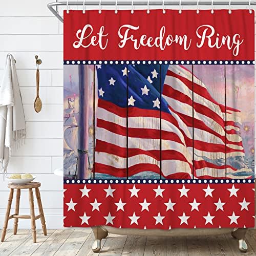 Cortina de chuveiro da bandeira americana GKLEASG, Dia da Independência Deixe a liberdade anel de 4 de julho Máquina vermelha lavável tecido à prova d'água para decoração de banheiro banheira com ganchos 72 x72