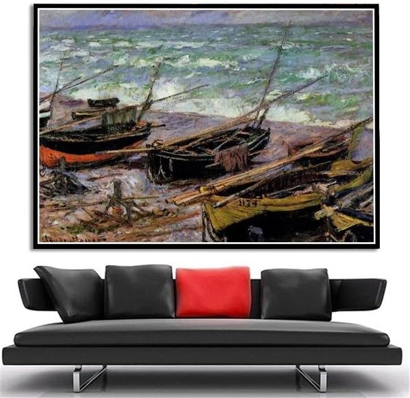 Barcos de pesca à beira da praia e as falésias de Poadville Painting de Claude Monet Diamond Painting Kits para adultos