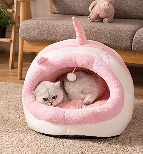 Dekika adorável cama de estimação grande, caverna de gato premium conforto de pelúcia de animal de estimação em forma de animal rosa 40x40x32cm