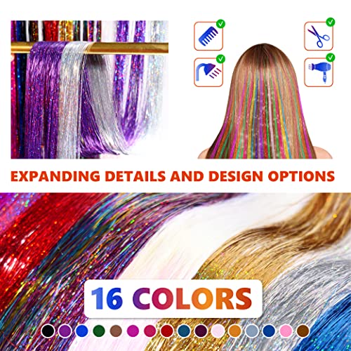 Kit de tinsel de cabelo, kit de tinsel de cabelo de fada 16 cores, 3200 fios, 47 polegadas, kit de extensões de cabelo