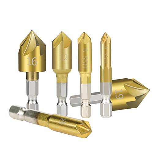 Baixa de broca de contador de shank de Shank de 6 a 19mm de titânio com revestimento de titânio 5 broca de orifício de flauta 90 graus chanfro de madeira 6pcs