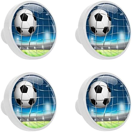 A gaveta redonda lide com uma bola de futebol no gol