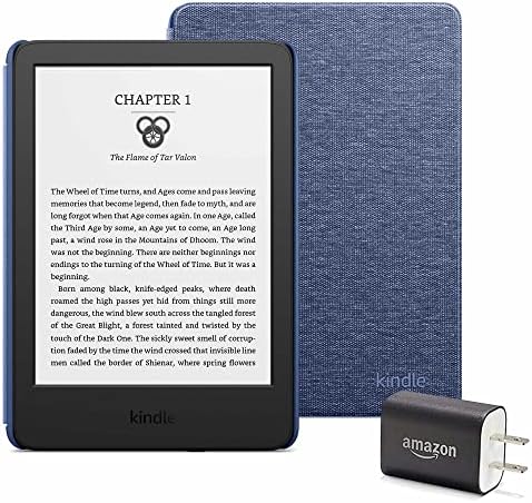 Pacote do Kindle Essentials, incluindo Kindle - Black - sem anúncios de tela de bloqueio, capa de tecido - jeans e adaptador