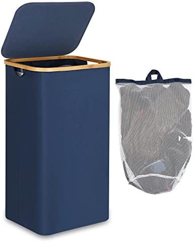 Efluky grande cesto de lavanderia com tampa, cesta de lavanderia alta 100L com alças de bambu para armazenamento de