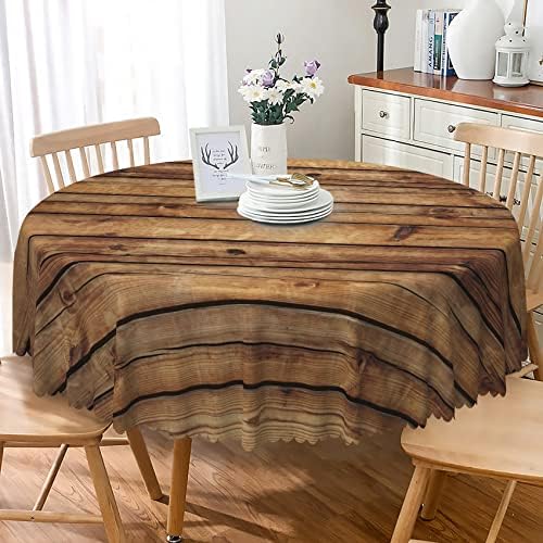 Toca de mesa de madeira rústica arredondada 60 polegadas de tecido de madeira à prova d'água para mesa de jantar de cozinha, mesa de