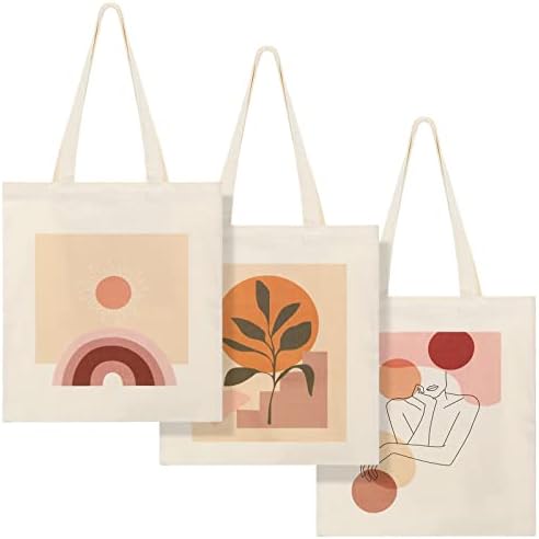 3 peças Boho Canvas Bolsa de sacola reutilizável Bolsa de lona estética Minvar minimalista Totes bolsas de ombro escolar
