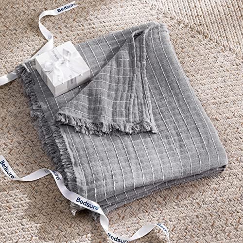 Bedsure algodão Muslin Throw Planta para adultos - Remado de algodão respirável e leve para o verão, cobertor cinza de gaze