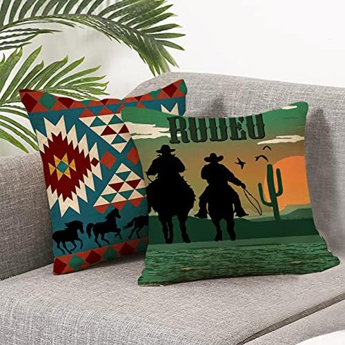 USSAP Western Cowboy Riding Horse Decorativo Tampas de travesseiro 18 x 18 Conjunto de 4, Rodeo Cow Cow Aztec Geométrico Tribal Decoração