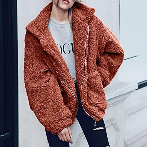 Mulheres Logo Outwear Fleece engrossar jaqueta de manga longa coloras de cor sólida com zíper de bolso de bolso de inverno