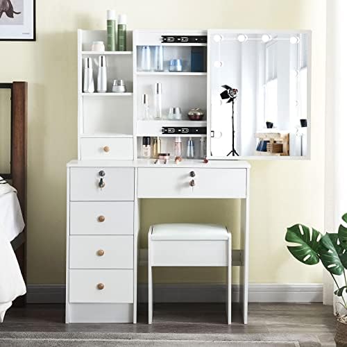 JBLCC Vanity Table maquiagem penteadeira com espelho, gavetas, mesa de cômoda e fezes almofadadas para o quarto