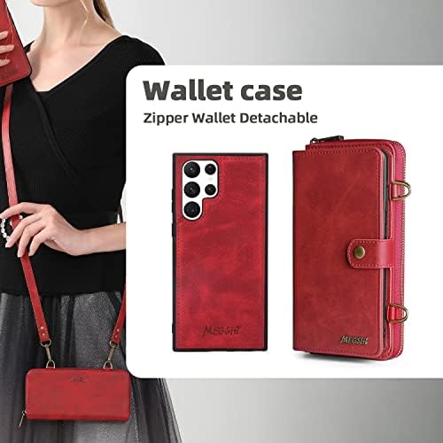 Compatível com Samsung Galaxy S22 Ultra 5G Caixa de carteira Crossbody Stap Stap Stand Multi-função 2in 1 Tampa de telefone magnética destacável para Gaxaly S22ultra 22s S 22 22ultra G5 Red