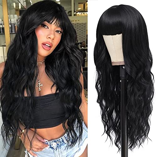 IFSUP Long Black Wig com franjas longas perucas encaracoladas para mulheres proteínas premium fibra sintética de aparência natural de reposição de cabelo fantasia Cosplay Halloween Wigs