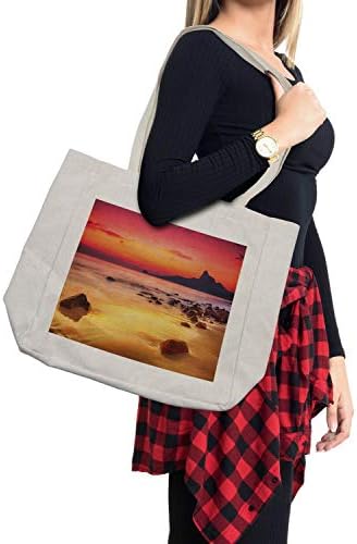Bolsa de compras de Ambesonne Ocean, foto digital do nascer do sol místico sobre o mar com pedras e penhascos, ponto idílico,