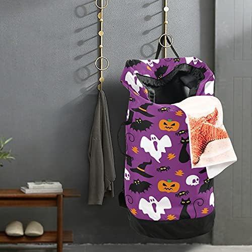 Happy Halloween Black Cat Ghost Laundry Bag com alças de ombro de lavanderia Backpack Bolsa Drawtring Feching Handper Handper