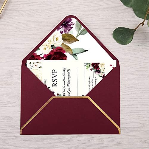 Doris Home 25pcs Cartões de convites de preenchimento da Borgonha com rosa e envelope da Borgonha com borda de ouro para