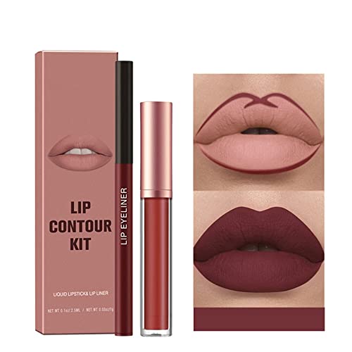 Glosses de lábios hidratantes 1+1 Mattes Lipstick Lipliner Definir um passo de maquiagem labial de maquiagem Lip Pigmment Velvet Bare Tinging Liping Non Stup Copo à prova d'água Longo Longo Pacote de maquiagem de brilho labial transparente