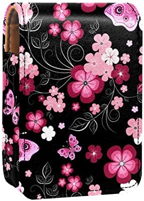 Caixa de batom de borboleta floral escura de floral com espelho para mini lipstick portador de lipstick saco de viagem bolsa cosmética, 9,5x2x7 cm/3.7x0.8x2.7 em