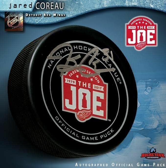 Jared Coreau contratou Detroit Red Wings Adeus ao Joe Official Game Puck - Autografado NHL Pucks
