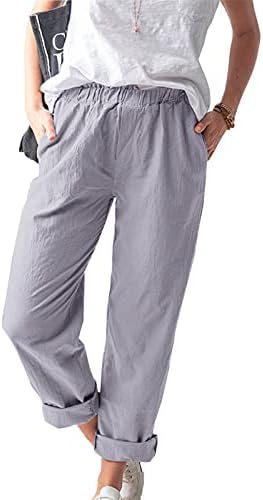 Calças de linho casual de verão para mulheres calças de perna reta larga de cintura alta com bolsos confortáveis