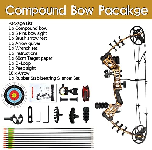 Wuxlisty Youth Compound Bow Conjunto de 15-45 libras para adolescentes e iniciantes, embalagem com equipamento de caça ao arco e flecha, mira de 5 pinos, velocidade máxima 320fps, ajustável, mão direita