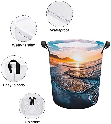 Bolsa de lavanderia incrível ao pôr do sol de praia com alças cestas de armazenamento à prova d'água redonda de 16,5 x 17,3 polegadas