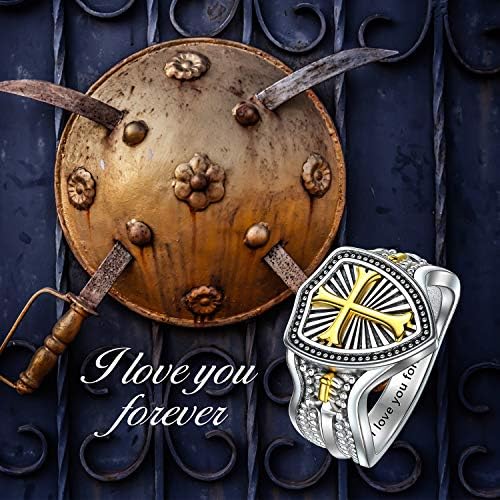 Anel de armadura de escudo para homens Cross Protect Faith Hope Ring Sterling Silver Rock Men Rock Gift for Pai Friends