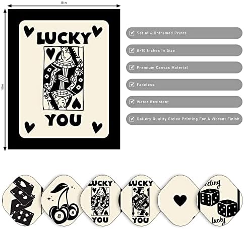 Trendy Retro Wall Art Prints Conjunto de 6, Decoração Minimal de Parede Estética Moderna, Arte de Poker Arte Black Ace King & Queen of Hearts Posters de Cartão de Cartão Funky Art Lucky You Poster For Living Room Apartamento Quarto de Apartamento