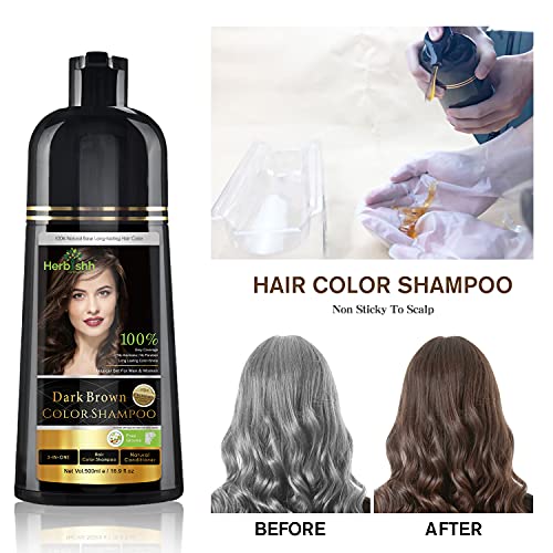 Herbishh Hair Color Shampoo para cabelos grisalhos 500 ml marrom escuro + lenços de remoção de manchas de cor de cor de coloração