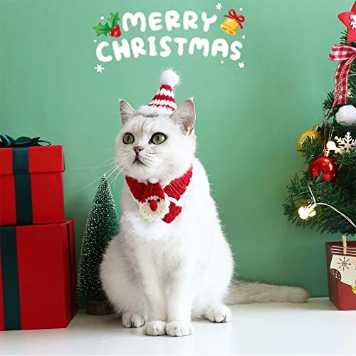 Cão de malha de malha Cat Papai Noel Chapéu e cachecol, trajes de Natal para cães pequenos gatos, acessórios de árvore de Natal
