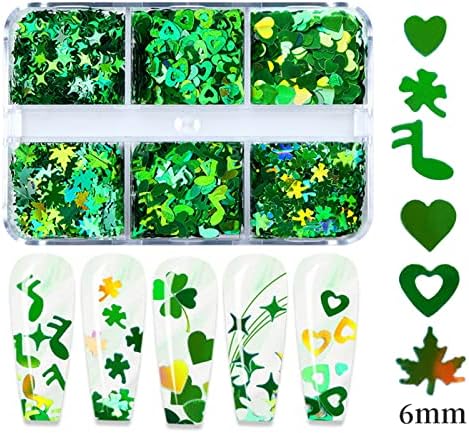6 grades de St. Patrick's Day Uil Art Glitter, 3D holográfico unhas lantejoulas shamrock unhas star coração flor verde