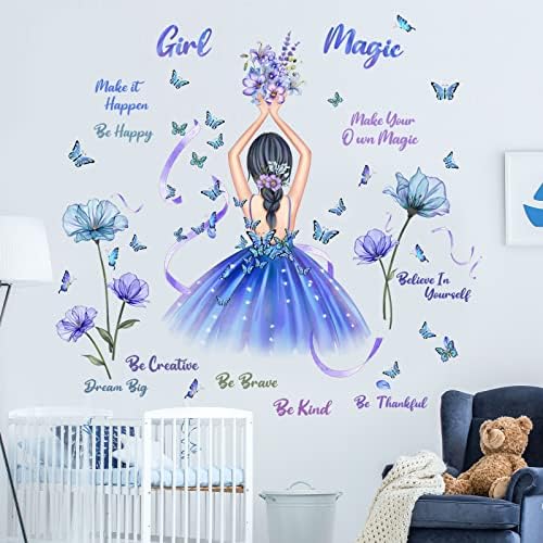 Decalques de parede de menina de flor azul adesivo de parede de borboleta inspiradora Decoração de parede Decoração