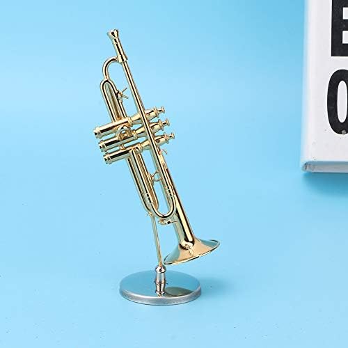 Modelo de trompete em miniatura de Cyrank, modelo de trompete de bronze de 5.1 no ornamento de trompete de ouro mini decoração de trompete com réplica de instrumentos musicais de stand e caso ornamento