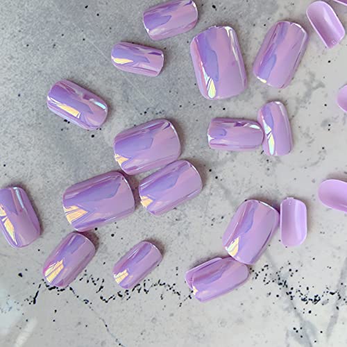 Ikiskt Magic Holo Purple Press no espelho da unha Artificial acrílico cromo cor curto curto natural unhas falsas removíveis