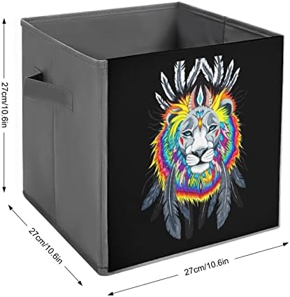 Cubos de armazenamento de tecido dobrável com leão aquarela Caixa de armazenamento de 11 polegadas de 11 polegadas com alças