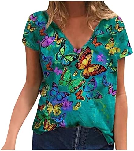 Senhoras Deep V pescoço algodão Butterfly pintando camiseta gráfica floral para meninas adolescentes verão outono 5i 5i