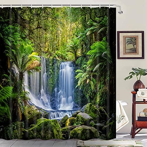 Cortina de chuveiro da floresta tropical Jawo, plantas tropicais verdes e cachoeira, decoração de banheiro de tecido