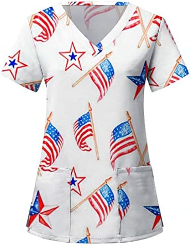 Blusa de 4 de julho para mulheres de verão Manga curta V Tees de pescoço com 2 bolsos Top de blusa casual da bandeira de