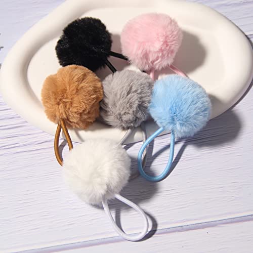 Susulu Furry Hair Elastic Bands Faux Rabbit Fur Pompom Hair Scrunchies For Women, elástico com bola de 5 cm de rabo de cavalo pacote de acessórios de 12pcs