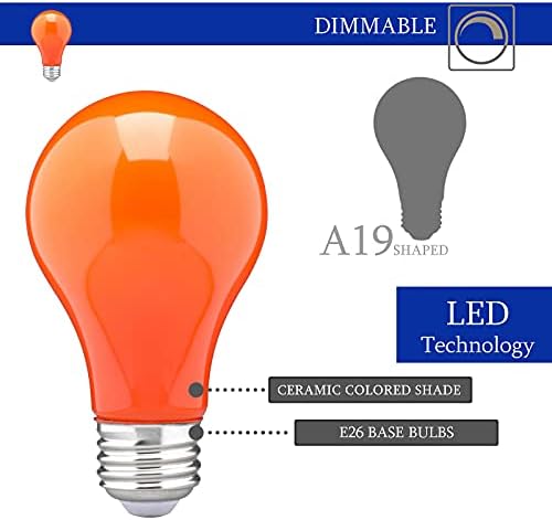 Lâmpadas Dismio A19 LED lâmpadas coloridas de 8 watts A19 Base média de LED de LED 120 volts laranja em laranja e lâmpada decorativa laranja e externa - pacote de 4