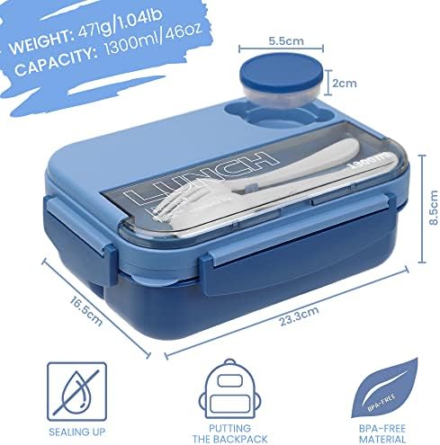 Bugucat Bento Box 1300ml, lancheira com 4 compartimentos e talheres, lancheira reutilizável Bento para adultos, recipientes de