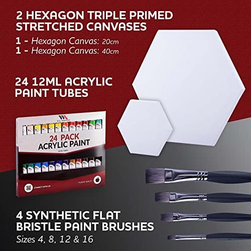 Wa Portman Hexagon Canvas e Black Brush Deluxe Conjunto de tinta para adultos - Canvas de pintura em forma com kit de tinta acrílica