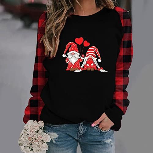 Camisetas de raglans xadrez de búfalo para mulheres Valentine Manga Longa Camisa de Pullomos Gnomos de Coração Foto Moletom