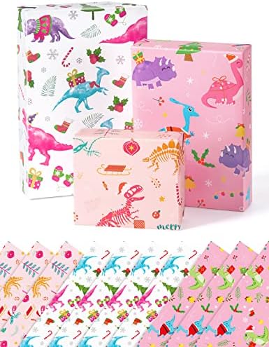Papel de embrulho de dinossauro - 10 lençóis de aniversário de menina dobrada papel de papel de férias de férias 20 x 27 para pequena e média caixa de presente dinos