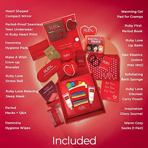 Ruby Love Primeiro Kit de Período para meninas, kit de menstruação sem preocupações para meninas, ótimo para viagens