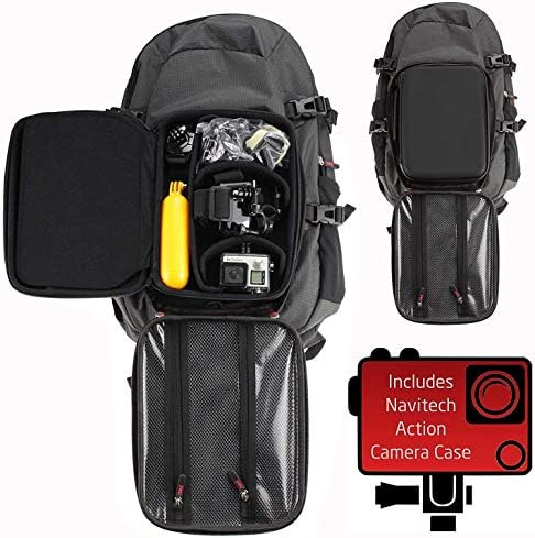 Navitech Action Camera Backpack e Gray Storage Case com tira de tórax integrada - Compatível com Dragon Touch Vision 3