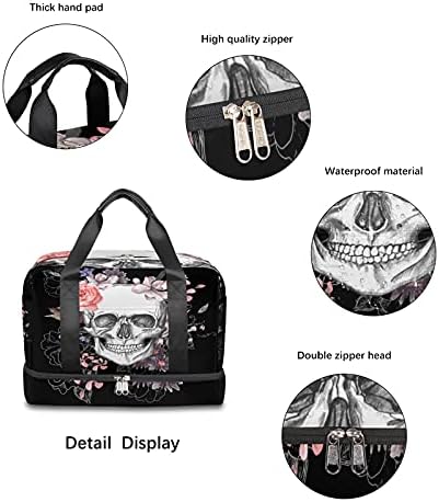 Bolsa de Duffel para viagens de caveira, Floral Skull Weekender Bag Overnight Bolsa de transporte On Bag, Bolsa de ginástica