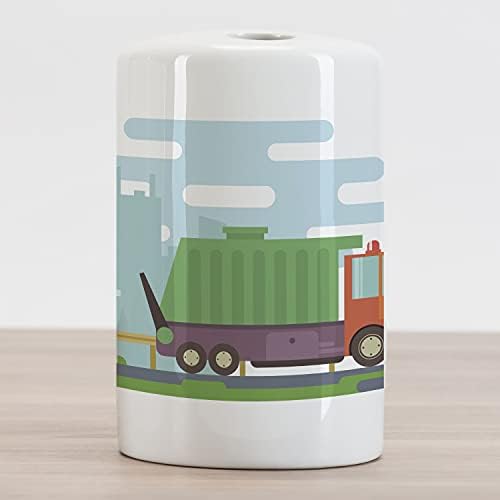 Ambesonne lixo Caminhão de dentes de dentes cerâmica, interpretação do estilo doodle de um recipiente de transporte de lixo na estrada, bancada versátil decorativa para banheiro, 4,5 x 2,7, multicolor
